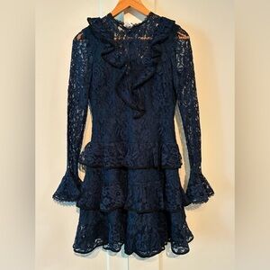Alexis XS 💙 Midnight Blue Lace Ruffle Dress - Romantic & Elegant